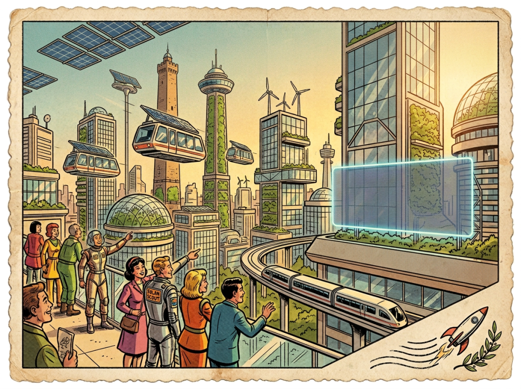 Illustrazione con il testo “UNA CARTOLINA DAL FUTURO”, “NEO-MILANO, 2046”, “CIAO DALLA CITTÀ DEL DOMANI!”, “TERZO LIVELLO DI VERDE - ACCESSO PUBBLICO”, “POSTA FOTONICA - NEO-MILANO” e “SOLAR SCOUT”, raffigurante una città futuristica milanese con treni volanti, edifici verdi e persone.